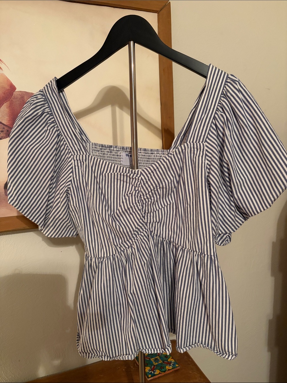 Old Navy Blue & White Striped Puff Sleeve Peplum Top